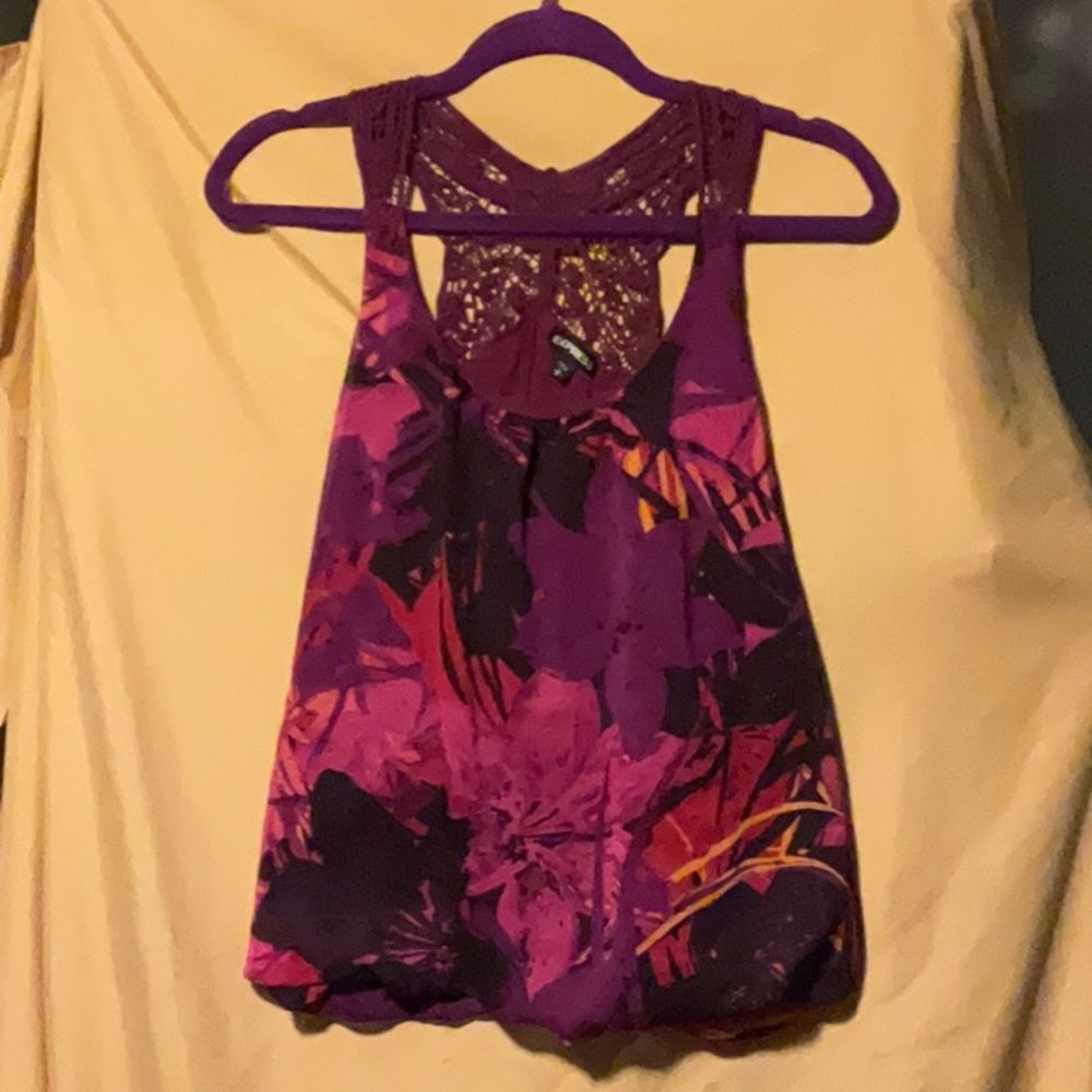 Purple pink floral sheer top knitted back lined size small